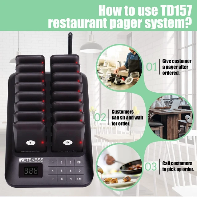 Alt view image 5 of 7 - TD157 Restaurant Pager System, Pagers for Restaurants,16 Buzzers for Food Truck, Bars, Food Court, 984ft Long Range,Set with Vibration, Flashing and Buzzer