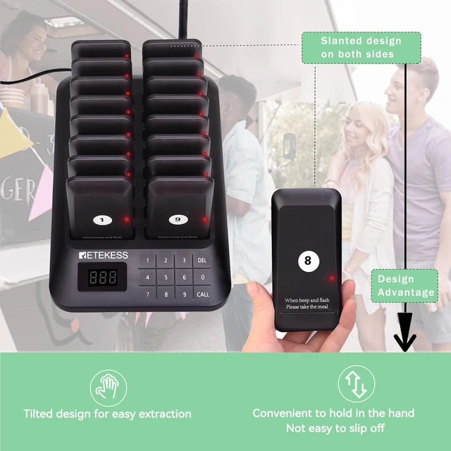 Alt view image 6 of 7 - TD157 Restaurant Pager System, Pagers for Restaurants,16 Buzzers for Food Truck, Bars, Food Court, 984ft Long Range,Set with Vibration, Flashing and Buzzer