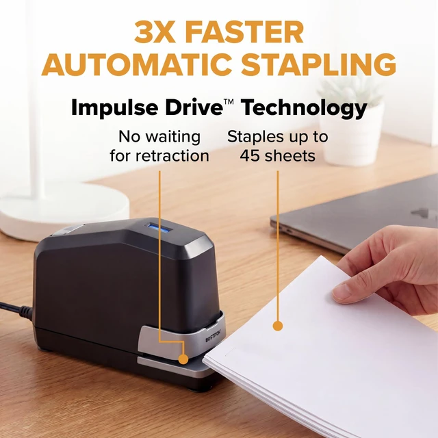 Alt view image 2 of 7 - Office Impulse Heavy Duty Electric Stapler Value Pack, 45 Sheet Capacity, Includes 5,000 Staples, No-Jam, Faster Stapling, Silver