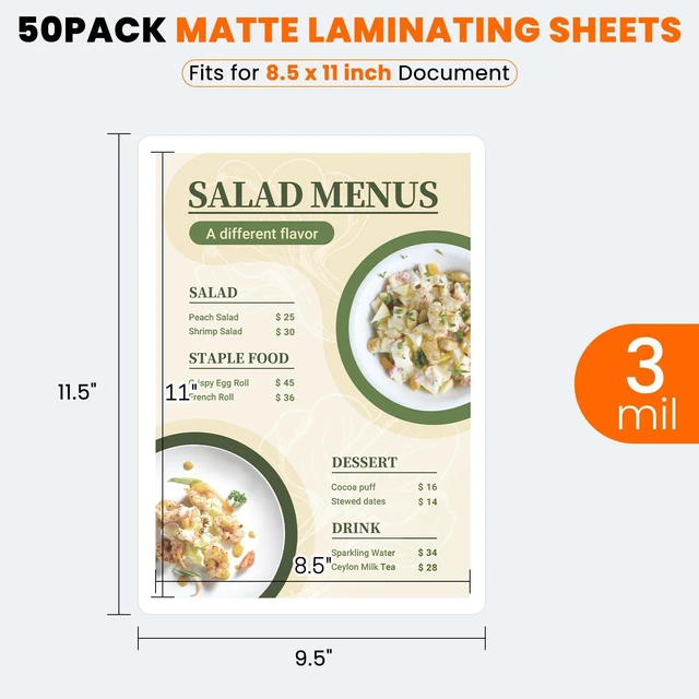 Alt view image 2 of 7 - Matte Laminating Sheets,50 Pack 9 x 11.5 Inches,3 Mil Thick Ultra Clear with Matte Finish, Fitted for Letter Size Thermal Laminating Pouches 8.5 x 11
