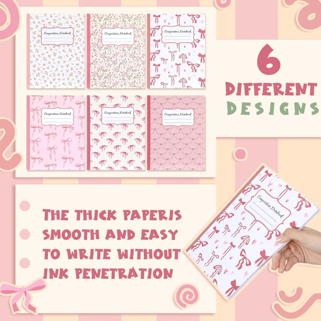 Alt view image 6 of 7 - 6 Pack Pink Composition Notebook College Ruled Back to School Supplies 110 Pages Note Taking, 9-3/4 x 7-1/2"Inch Size, Preppy Aesthetic Design, Cute Journal Office Use