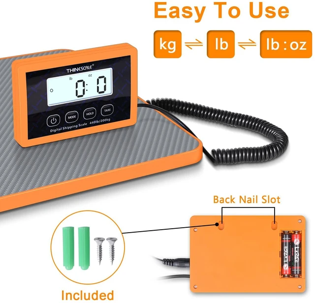 Alt view image 4 of 7 - Shipping Scale, 440lb, 10g/1oz Postal Scale, Hold/Tare Carbon Fiber Platform Anti-Slip & Lightweight, Backlit LCD Easy Read, for Packages & Mail. Battery + AC adapter included