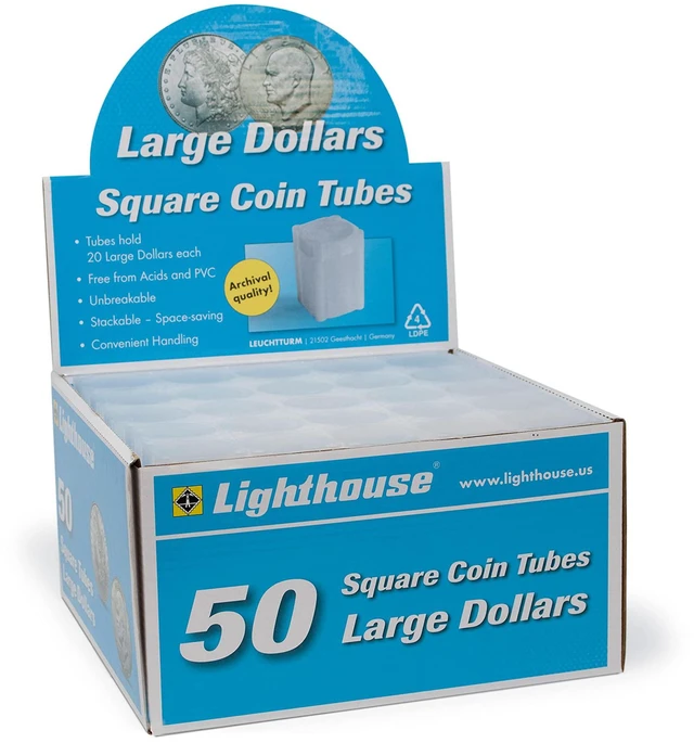 Main image of LIGHTHOUSE - Square Coin Tubes - Convenient Push Top, Virtually Unbreakable, Acid Free and Archival Quality - Coin Tubes for US Large Dollars, 50 Pack