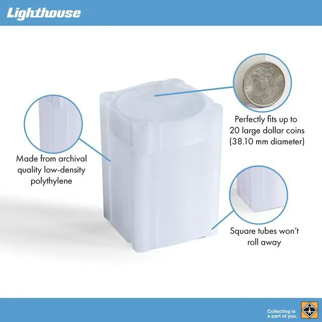 Alt view image 3 of 5 - LIGHTHOUSE - Square Coin Tubes - Convenient Push Top, Virtually Unbreakable, Acid Free and Archival Quality - Coin Tubes for US Large Dollars, 50 Pack