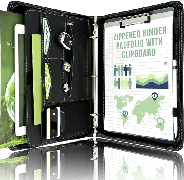Main image of Zipper Portfolio Binder | Padfolio 3 Ring Binder (1") and Clipboard Folio (Removable)| Portfolio Organizer for Documents, iPad, Tablet, Phone |Faux Leather Notebook Folio for Men & Women