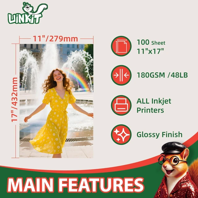 Alt view image 2 of 7 - Glossy Photo Paper 11x17 Inches 100 Sheets - Inkjet Printer Paper for Photos, Posters, Menus, Invitations - Vivid & Quick Drying Dye Ink Printers, No Curling, Smudge Proof
