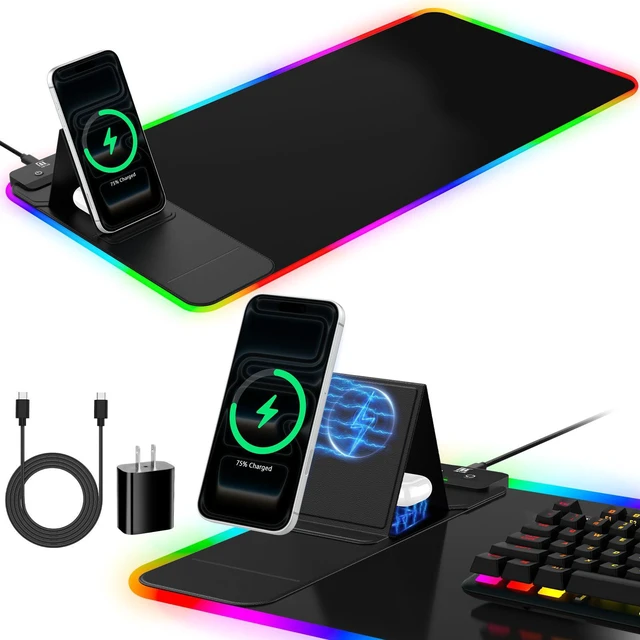 Main image of RGB Mouse Pad with Foldable Phone Stand Wireless Charger, 31.5"x11.8" XL Gaming Mousepad Large Desk Mat, Desk Pad with 11 Colors 5 Modes, Waterproof