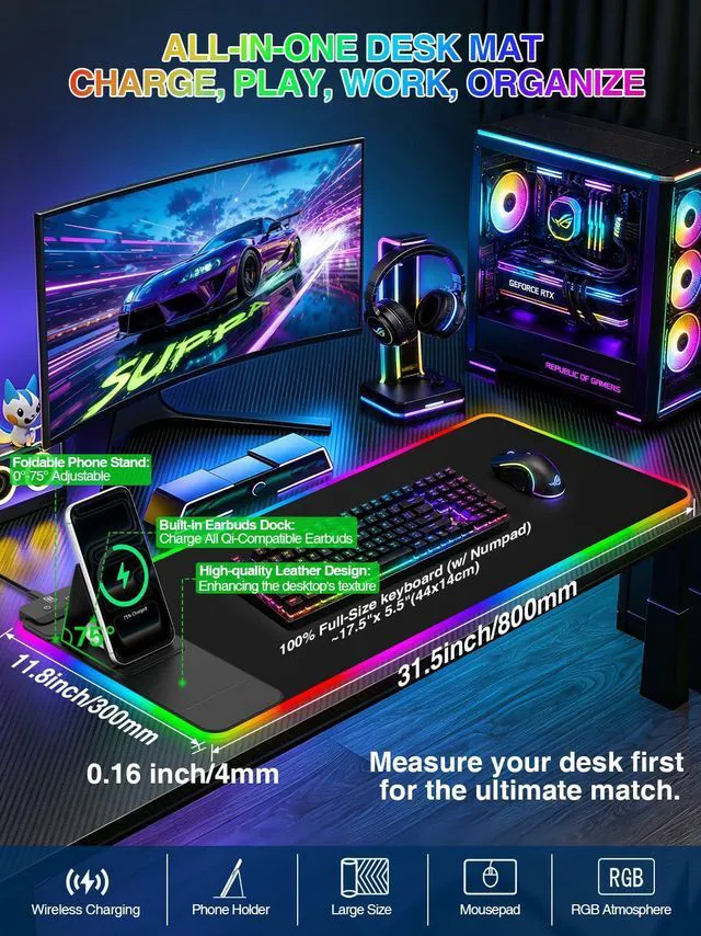 Alt view image 2 of 7 - RGB Mouse Pad with Foldable Phone Stand Wireless Charger, 31.5"x11.8" XL Gaming Mousepad Large Desk Mat, Desk Pad with 11 Colors 5 Modes, Waterproof
