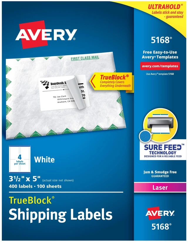 Main image of Printable Shipping Labels with Sure Feed, 3-1/2" x 5", White, 400 Blank Mailing Labels for Laser Printers (5168)