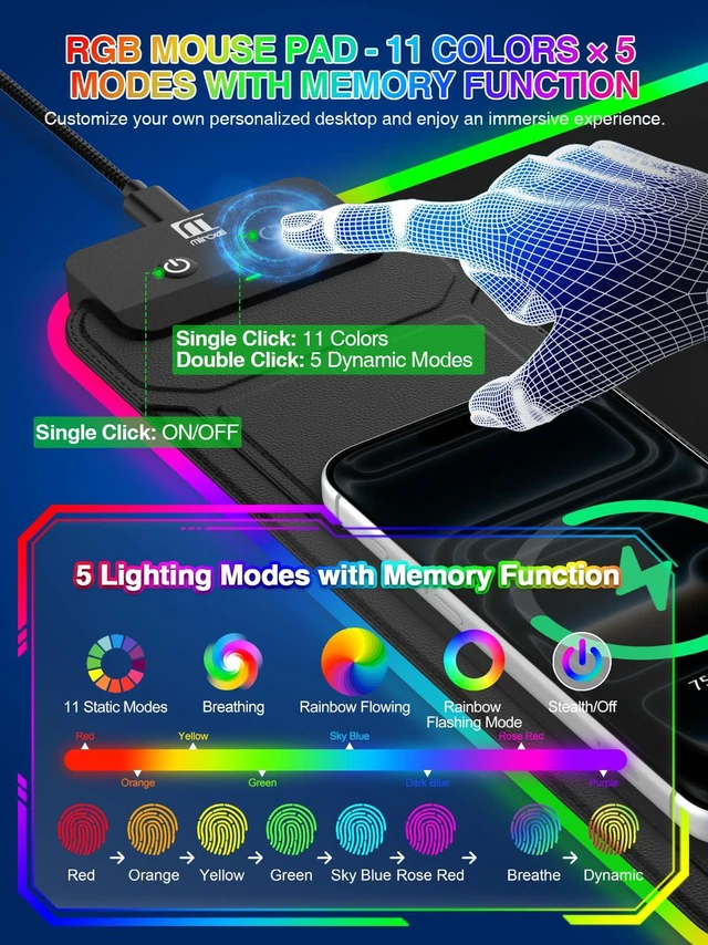 Alt view image 4 of 7 - RGB Mouse Pad with Foldable Phone Stand Wireless Charger, 31.5"x11.8" XL Gaming Mousepad Large Desk Mat, Desk Pad with 11 Colors 5 Modes, Waterproof