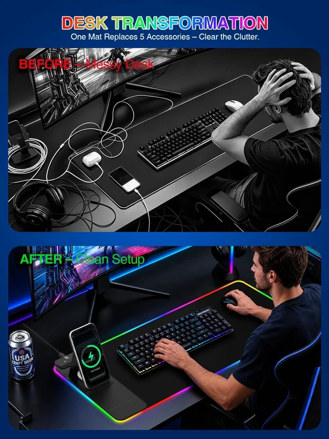 Alt view image 6 of 7 - RGB Mouse Pad with Foldable Phone Stand Wireless Charger, 31.5"x11.8" XL Gaming Mousepad Large Desk Mat, Desk Pad with 11 Colors 5 Modes, Waterproof