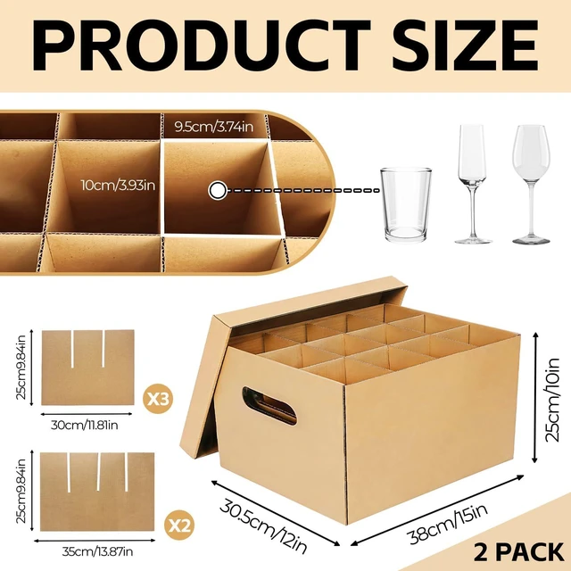Alt view image 2 of 7 - Wine Glasses Moving Boxes, Glass Packing Boxes, Kitchen Storage Kit for Glassware, Stemware & Tall Drinking Cup,Sturdy Corrugated Cardboard, with Handles & Secure Lids,2 Pack,15 x 12 x 10 In