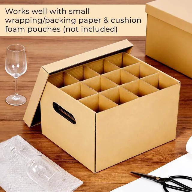 Alt view image 4 of 7 - Wine Glasses Moving Boxes, Glass Packing Boxes, Kitchen Storage Kit for Glassware, Stemware & Tall Drinking Cup,Sturdy Corrugated Cardboard, with Handles & Secure Lids,2 Pack,15 x 12 x 10 In