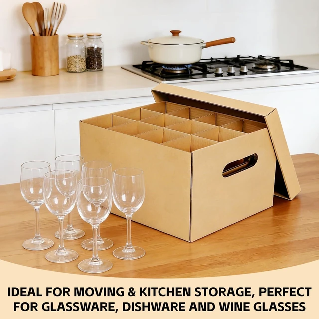 Alt view image 6 of 7 - Wine Glasses Moving Boxes, Glass Packing Boxes, Kitchen Storage Kit for Glassware, Stemware & Tall Drinking Cup,Sturdy Corrugated Cardboard, with Handles & Secure Lids,2 Pack,15 x 12 x 10 In