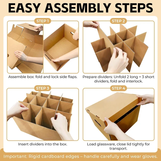 Alt view image 7 of 7 - Wine Glasses Moving Boxes, Glass Packing Boxes, Kitchen Storage Kit for Glassware, Stemware & Tall Drinking Cup,Sturdy Corrugated Cardboard, with Handles & Secure Lids,2 Pack,15 x 12 x 10 In