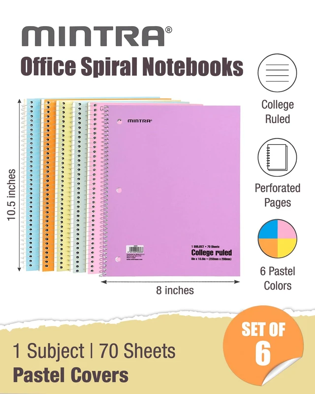Alt view image 2 of 7 - Spiral Notebooks, Wirebound, Journals for School, Work, Business, Aesthetic Stationery, Writing Pads, Teacher & Student Supplies (6, Pastel, College)