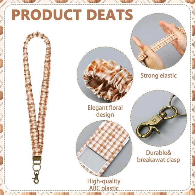 Alt view image 4 of 7 - 1 Set Teacher Scrunchie Lanyard, Autumn, Beige Brown, 6 Set Elastic ID Card Holder for Back to School Teacher Gifts, Wrinkle Texture Badge Lanyards with Lobster Clasp, Classroom Office