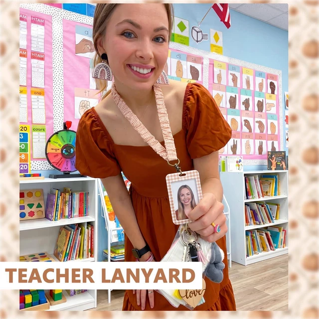 Alt view image 5 of 7 - 1 Set Teacher Scrunchie Lanyard, Autumn, Beige Brown, 6 Set Elastic ID Card Holder for Back to School Teacher Gifts, Wrinkle Texture Badge Lanyards with Lobster Clasp, Classroom Office