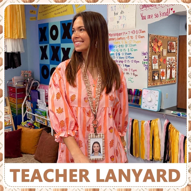 Alt view image 6 of 7 - 1 Set Teacher Scrunchie Lanyard, Autumn, Beige Brown, 6 Set Elastic ID Card Holder for Back to School Teacher Gifts, Wrinkle Texture Badge Lanyards with Lobster Clasp, Classroom Office