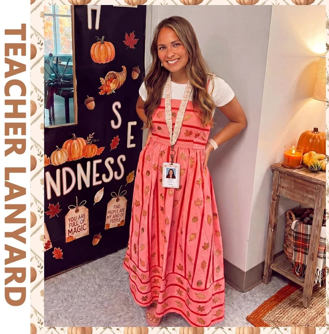 Alt view image 7 of 7 - 1 Set Teacher Scrunchie Lanyard, Autumn, Beige Brown, 6 Set Elastic ID Card Holder for Back to School Teacher Gifts, Wrinkle Texture Badge Lanyards with Lobster Clasp, Classroom Office
