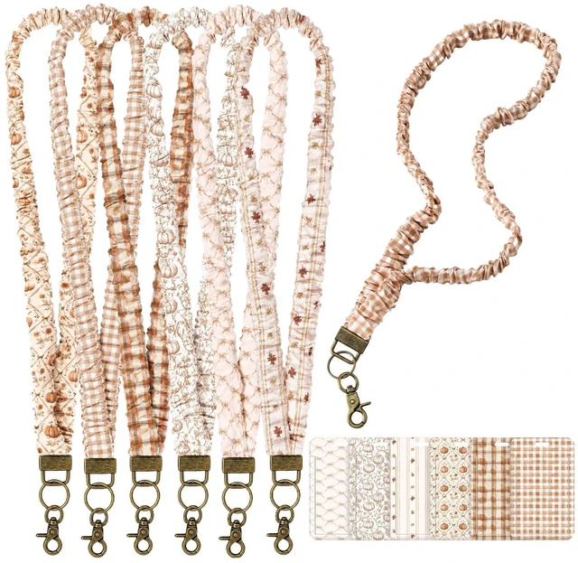 Main image of 1 Set Teacher Scrunchie Lanyard, Autumn, Beige Brown, 6 Set Elastic ID Card Holder for Back to School Teacher Gifts, Wrinkle Texture Badge Lanyards with Lobster Clasp, Classroom Office