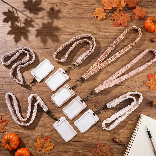 Alt view image 2 of 7 - 1 Set Teacher Scrunchie Lanyard, Autumn, Beige Brown, 6 Set Elastic ID Card Holder for Back to School Teacher Gifts, Wrinkle Texture Badge Lanyards with Lobster Clasp, Classroom Office