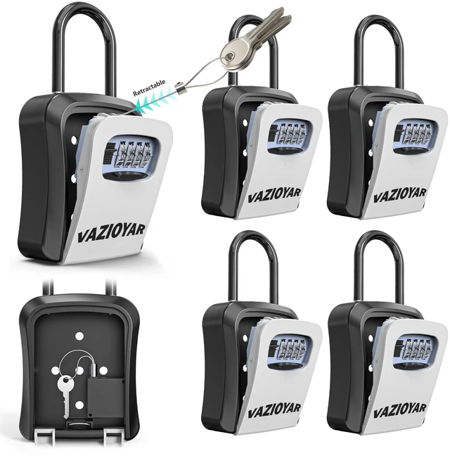 Main image of Key Lock Box for Outside, Portable Waterproof Wall Mounted Changeable 4-Digit Combination Key Storage Lockbox,(With Shackles+With Retractable Key Tether+ 5Pack)