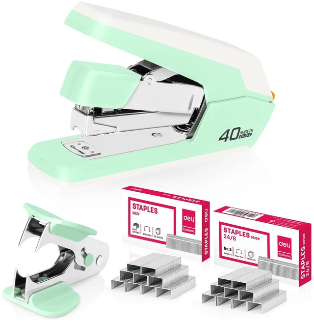 Main image of Effortless Desktop Stapler, Heavy Duty Stapler, Green 40-50 Sheet Capacity, One Finger, No Effort, Includes 1500 Staples & Staple Remover