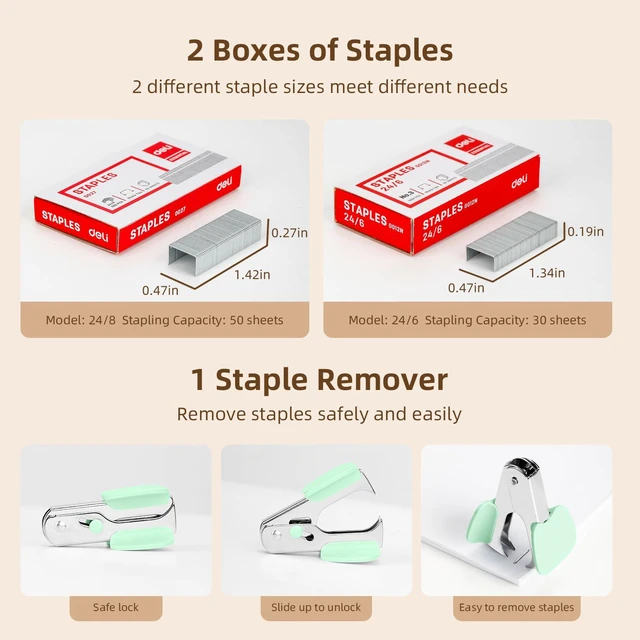 Alt view image 4 of 6 - Effortless Desktop Stapler, Heavy Duty Stapler, Green 40-50 Sheet Capacity, One Finger, No Effort, Includes 1500 Staples & Staple Remover