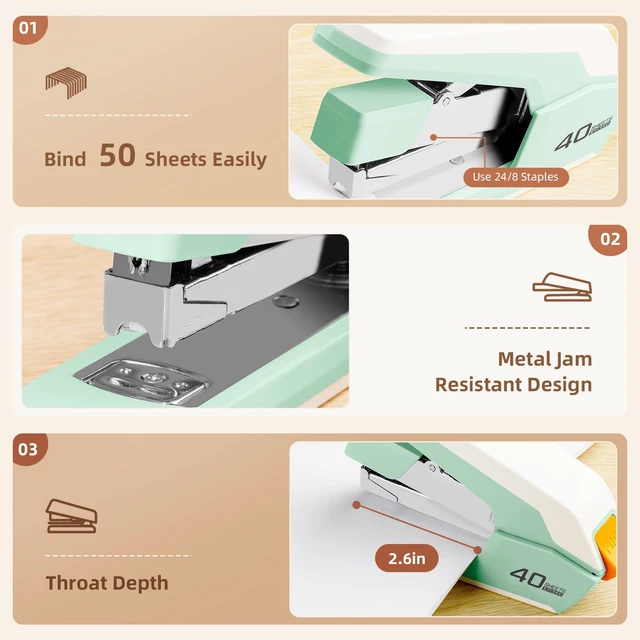 Alt view image 5 of 6 - Effortless Desktop Stapler, Heavy Duty Stapler, Green 40-50 Sheet Capacity, One Finger, No Effort, Includes 1500 Staples & Staple Remover