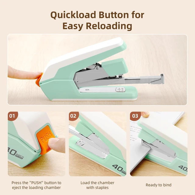 Alt view image 6 of 6 - Effortless Desktop Stapler, Heavy Duty Stapler, Green 40-50 Sheet Capacity, One Finger, No Effort, Includes 1500 Staples & Staple Remover