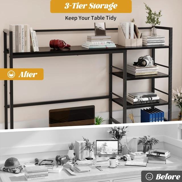 Alt view image 6 of 7 - Desk Shelf, 45.4 Inch Wood Desk Organizer Shelf for Computer Monitor, Desk Hutch Storage, Desktop Shelf for Top of Desk, 3 Tier Desktop Bookshelf for Home Office Dorm, Black
