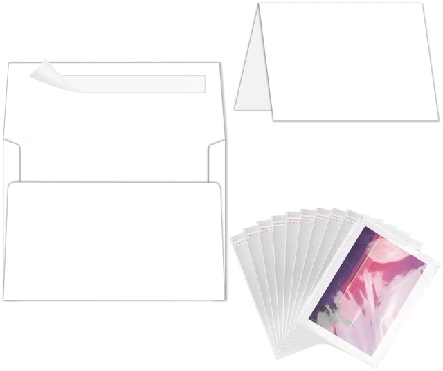 Main image of 100 Pack Blank White Cards and Envelopes 5x7 with Clear Cello Bags 5 x 7 Folded Cardstock and A7 Envelopes Self Seal for Invitations, Wedding, Birthday and DIY Greeting Cards