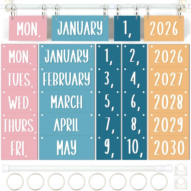 Main image of Boho Flip Calendar for Classroom Decor Bulletin Board 2026 to 2030 Years Date Cards and Adjustable Rod Boho Rainbow Calendar Chart Class Whiteboard for Home Elementary School Teacher Organization