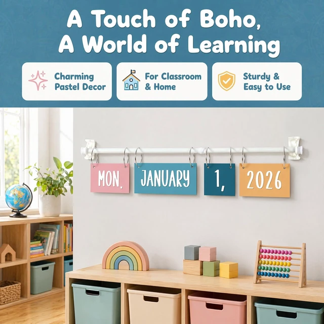 Alt view image 6 of 7 - Boho Flip Calendar for Classroom Decor Bulletin Board 2026 to 2030 Years Date Cards and Adjustable Rod Boho Rainbow Calendar Chart Class Whiteboard for Home Elementary School Teacher Organization