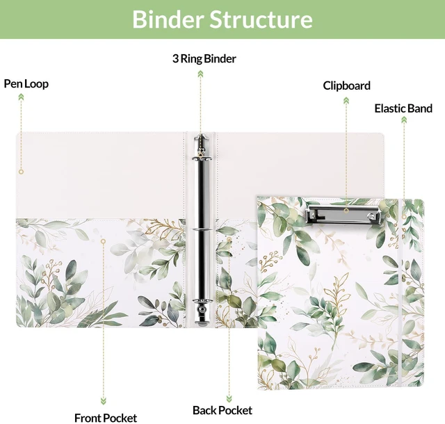 Alt view image 6 of 7 - 1 Inch 3-Ring Binder with Clipboard, PU Aesthetic Binder with 5 Dividers, Notepad, Stickers & Pockets for Work and School (Letter Size)