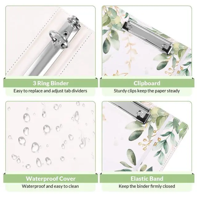 Alt view image 7 of 7 - 1 Inch 3-Ring Binder with Clipboard, PU Aesthetic Binder with 5 Dividers, Notepad, Stickers & Pockets for Work and School (Letter Size)
