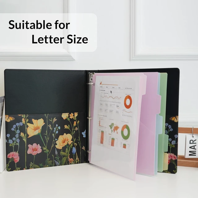 Alt view image 6 of 7 - 1 Inch 3-Ring Binder with Clipboard, PU Aesthetic Binder with 5 Dividers, Notepad, Stickers & Pockets for Work and School (Letter Size)