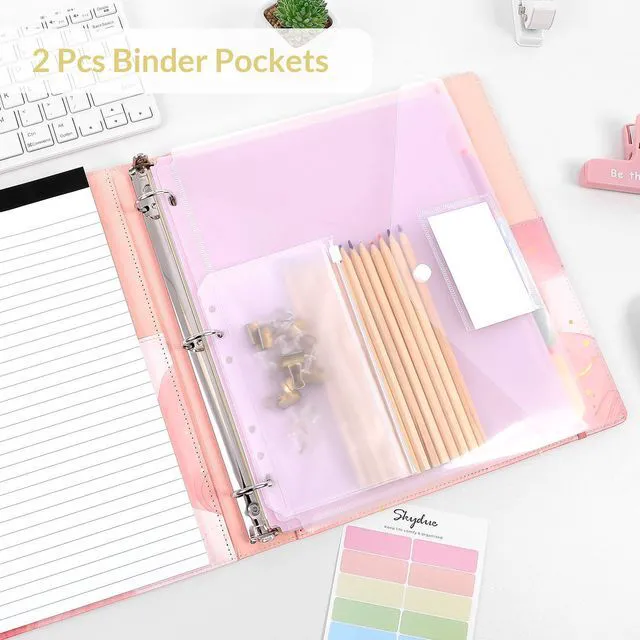 Alt view image 2 of 7 - 1 Inch 3-Ring Binder with Clipboard, PU Binder with 5 Dividers, Notepad, Stickers & Pockets for Work and School - Aesthetic Binder (Letter Size)