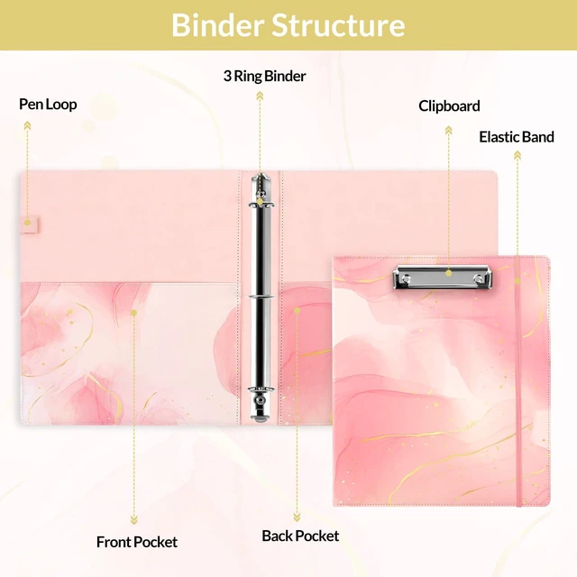 Alt view image 5 of 7 - 1 Inch 3-Ring Binder with Clipboard, PU Binder with 5 Dividers, Notepad, Stickers & Pockets for Work and School - Aesthetic Binder (Letter Size)