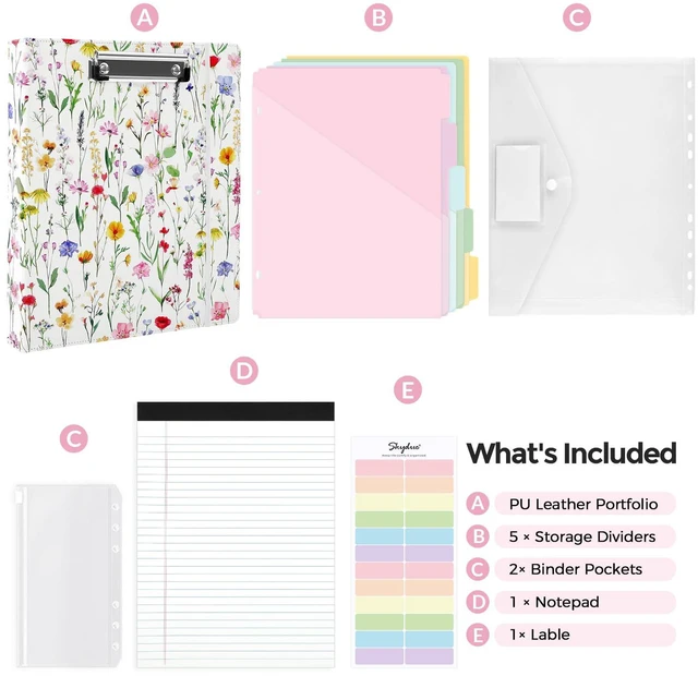 Alt view image 3 of 7 - 1 Inch 3-Ring Binder with Clipboard, PU Binder with 5 Dividers, Notepad, Stickers & Pockets for Work and School - Aesthetic Binder (Letter Size)