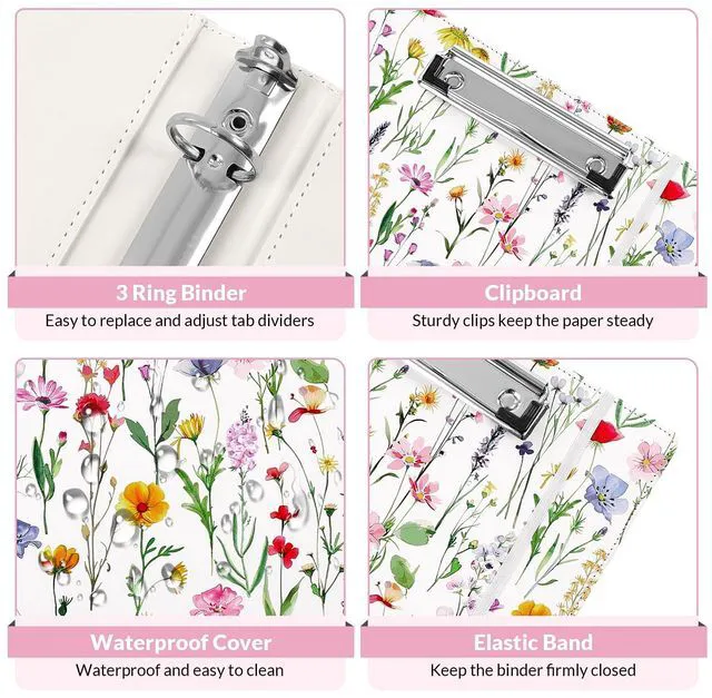 Alt view image 7 of 7 - 1 Inch 3-Ring Binder with Clipboard, PU Binder with 5 Dividers, Notepad, Stickers & Pockets for Work and School - Aesthetic Binder (Letter Size)