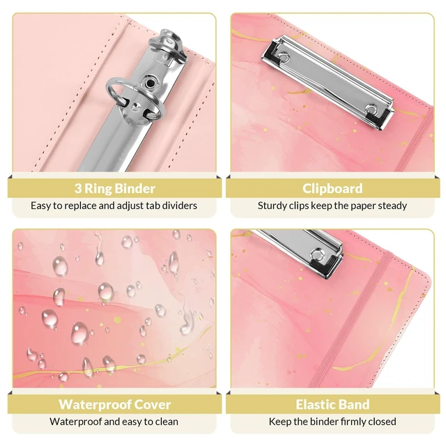 Alt view image 7 of 7 - 1 Inch 3-Ring Binder with Clipboard, PU Binder with 5 Dividers, Notepad, Stickers & Pockets for Work and School - Aesthetic Binder (Letter Size)
