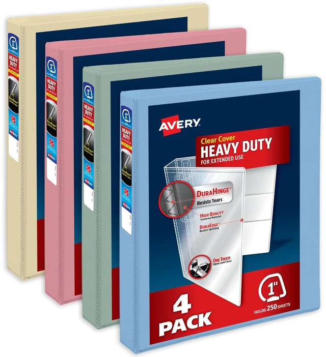 Main image of Heavy-Duty View 3 Ring Binders, 1", 4 Assorted Pastel Binders For Heavy School, Home and Office Use, DuraHinge Tear-Resistant Spine, DuraEdge Split-Resistant Sides, Interior Pockets