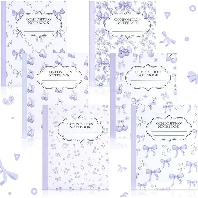 Main image of 6 Pack Purple Cherry Composition Notebook College Ruled Back to School Supplies 110 Pages Note Taking, 9-3/4 x 7-1/2"Inch Size, Preppy Aesthetic Design, Cute Journal Office Use