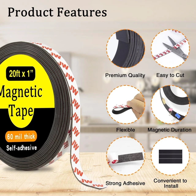 Alt view image 5 of 7 - Magnetic Tape with Adhesive Backing, 20 Feet x 1 Inch, Flexible Easy to Cut, Magnetic Strip, Ideal for DIY Crafts, Classroom Projects and Home Organization