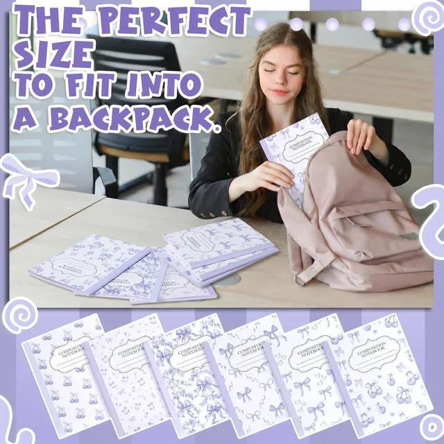 Alt view image 3 of 7 - 6 Pack Purple Cherry Composition Notebook College Ruled Back to School Supplies 110 Pages Note Taking, 9-3/4 x 7-1/2"Inch Size, Preppy Aesthetic Design, Cute Journal Office Use