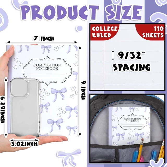 Alt view image 2 of 7 - 6 Pack Purple Cherry Composition Notebook College Ruled Back to School Supplies 110 Pages Note Taking, 9-3/4 x 7-1/2"Inch Size, Preppy Aesthetic Design, Cute Journal Office Use