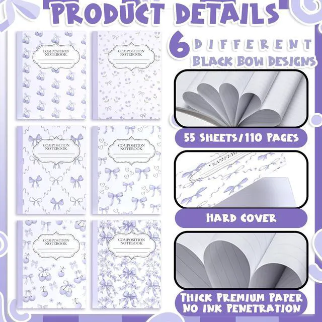 Alt view image 4 of 7 - 6 Pack Purple Cherry Composition Notebook College Ruled Back to School Supplies 110 Pages Note Taking, 9-3/4 x 7-1/2"Inch Size, Preppy Aesthetic Design, Cute Journal Office Use