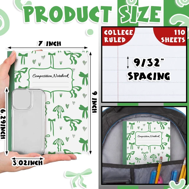 Alt view image 2 of 6 - 6 Pack Green Composition Notebook College Ruled Back to School Supplies 110 Pages Note Taking, 9-3/4 x 7-1/2"Inch Size, Preppy Aesthetic Design, Cute Journal Office Use
